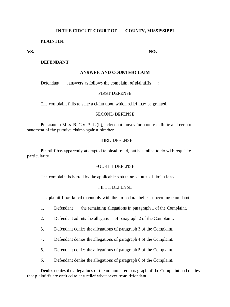 Answer and Counterclaim Mississippi  Form