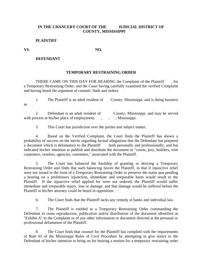 Order Court Restraining  Form