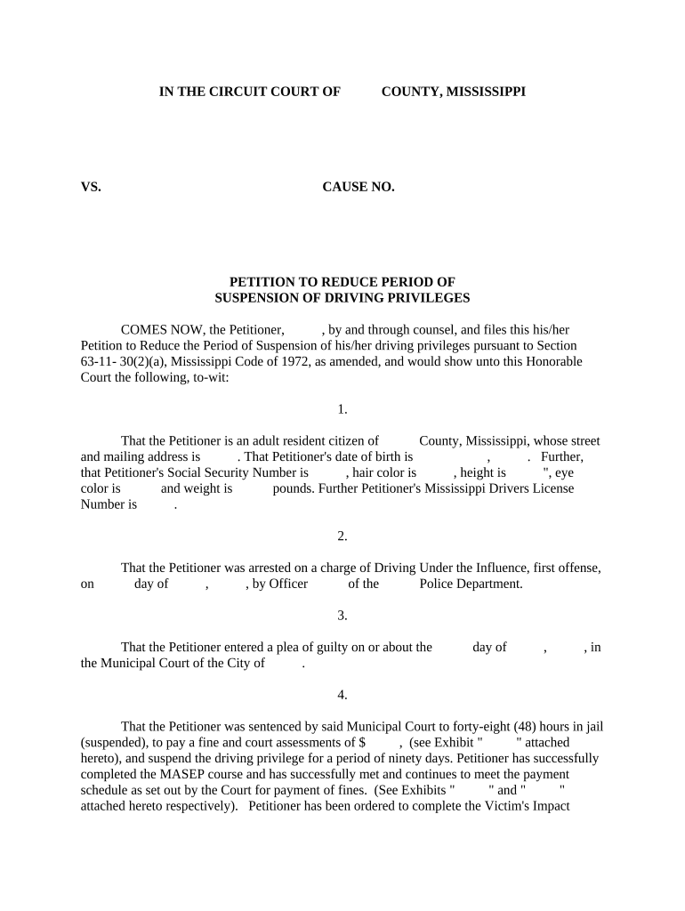 Petition to Reduce Period of Suspension of Driving Privileges Mississippi  Form