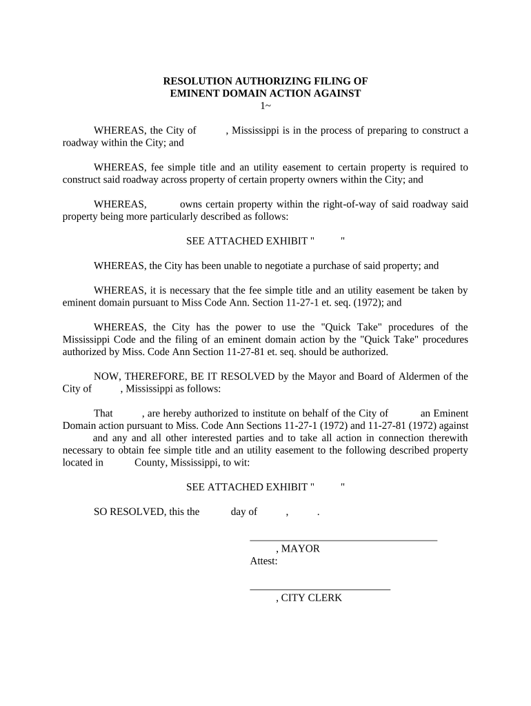 Resolution Authorizing Filing of Eminent Domain Mississippi  Form