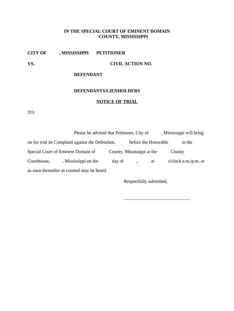 Notice of Trial Mississippi  Form