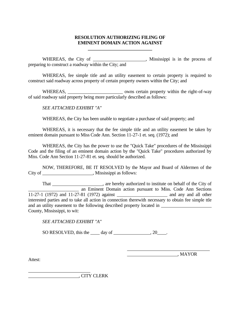 Resolution Authorizing Filing of Eminent Domain Action Mississippi  Form