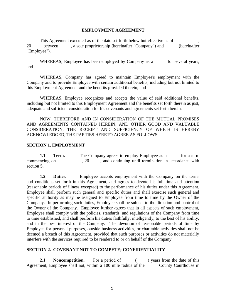 Employment Agreement between Sole Proprietorship and an Employee Mississippi  Form