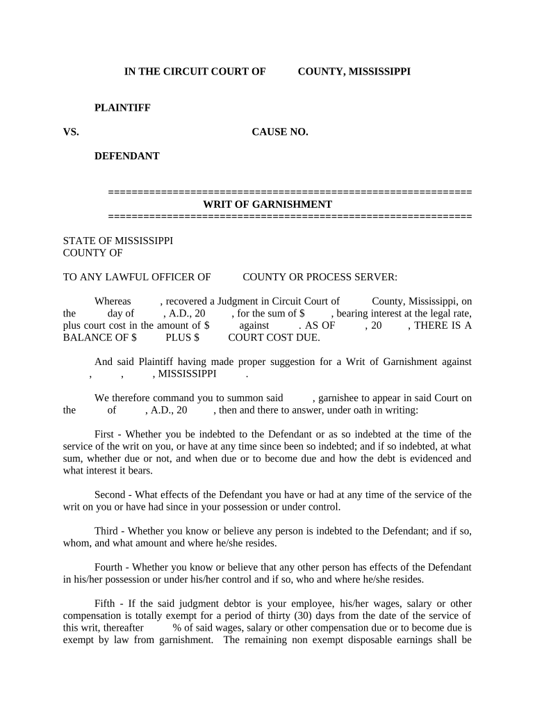 Ms Writ Garnishment  Form