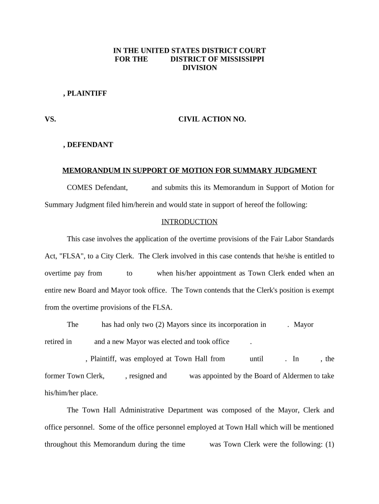 Motion Summary Judgment Defendant  Form