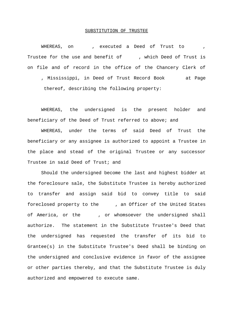 Single Substitution of Trustee Mississippi  Form