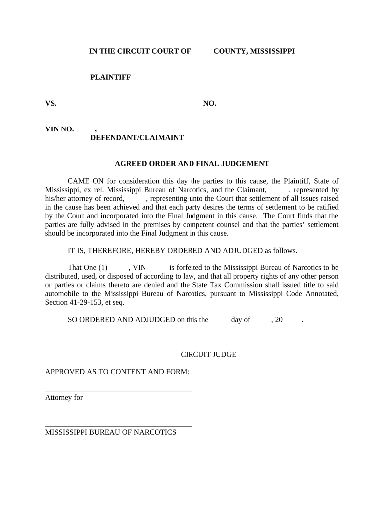 Agreed Order Awarding Forfeiture Mississippi  Form