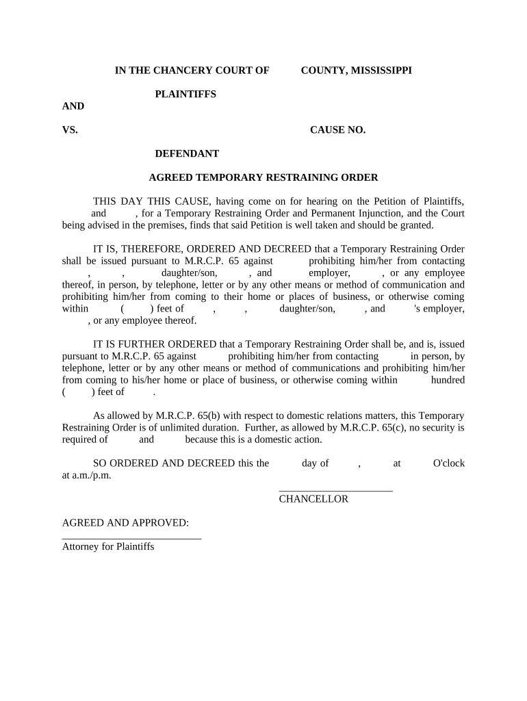 Mississippi Temporary Restraining Order  Form