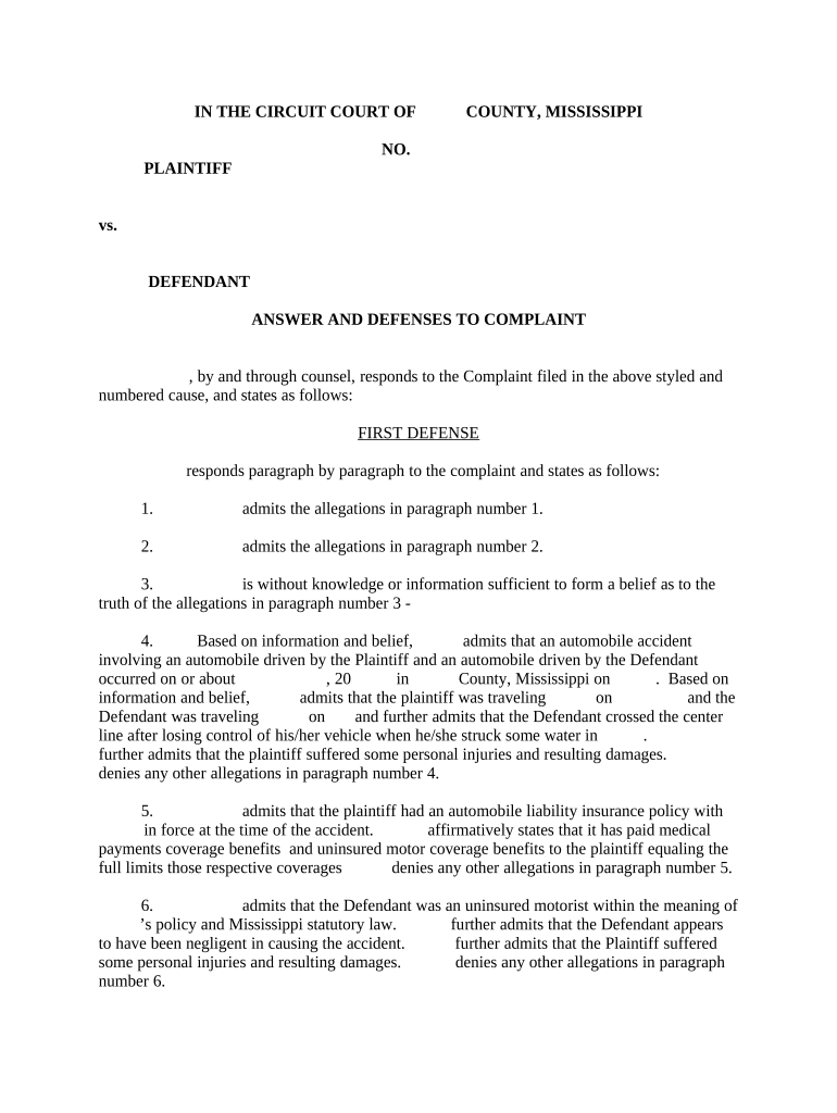 Answer and Defenses to Complaint Mississippi  Form