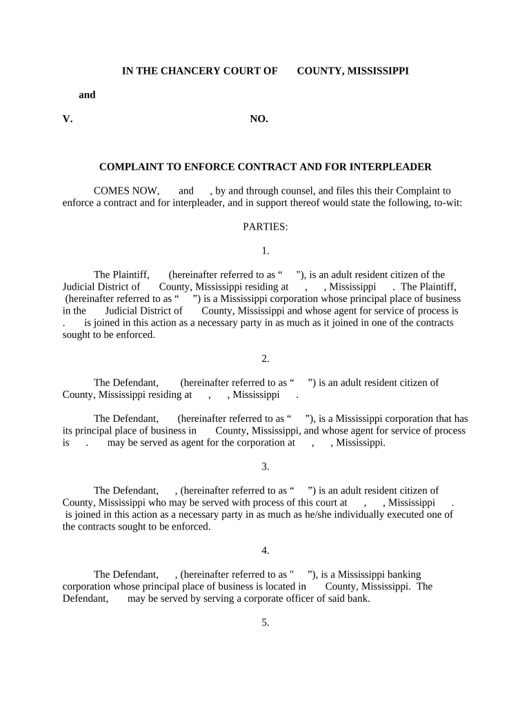 Complaint to Enforce Contract and for Interpleader Mississippi  Form