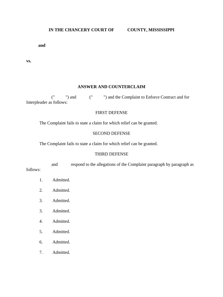 Answer and Counterclaim Mississippi  Form