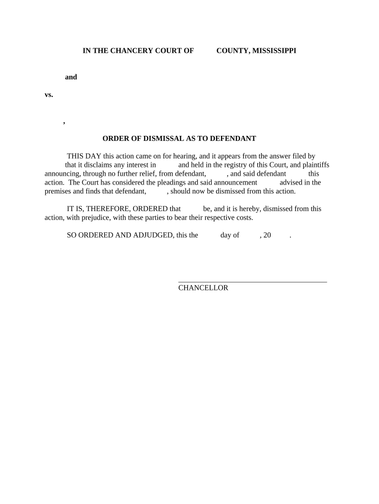 Order of Dismissal as to Defendant Mississippi  Form