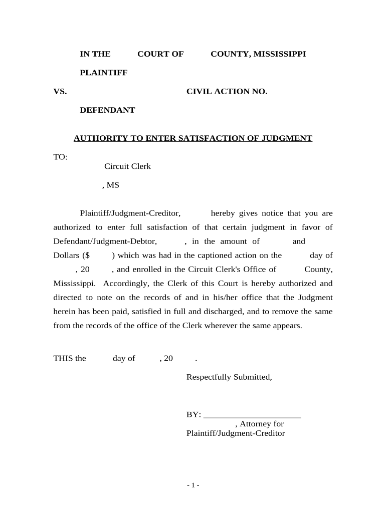 Authority to Enter Satisfaction of Judgment Mississippi  Form