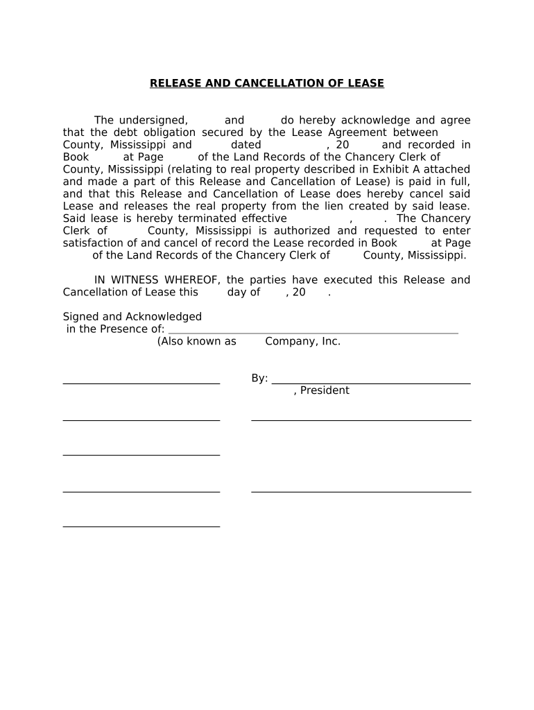 Release and Cancellation of Lease Mississippi  Form