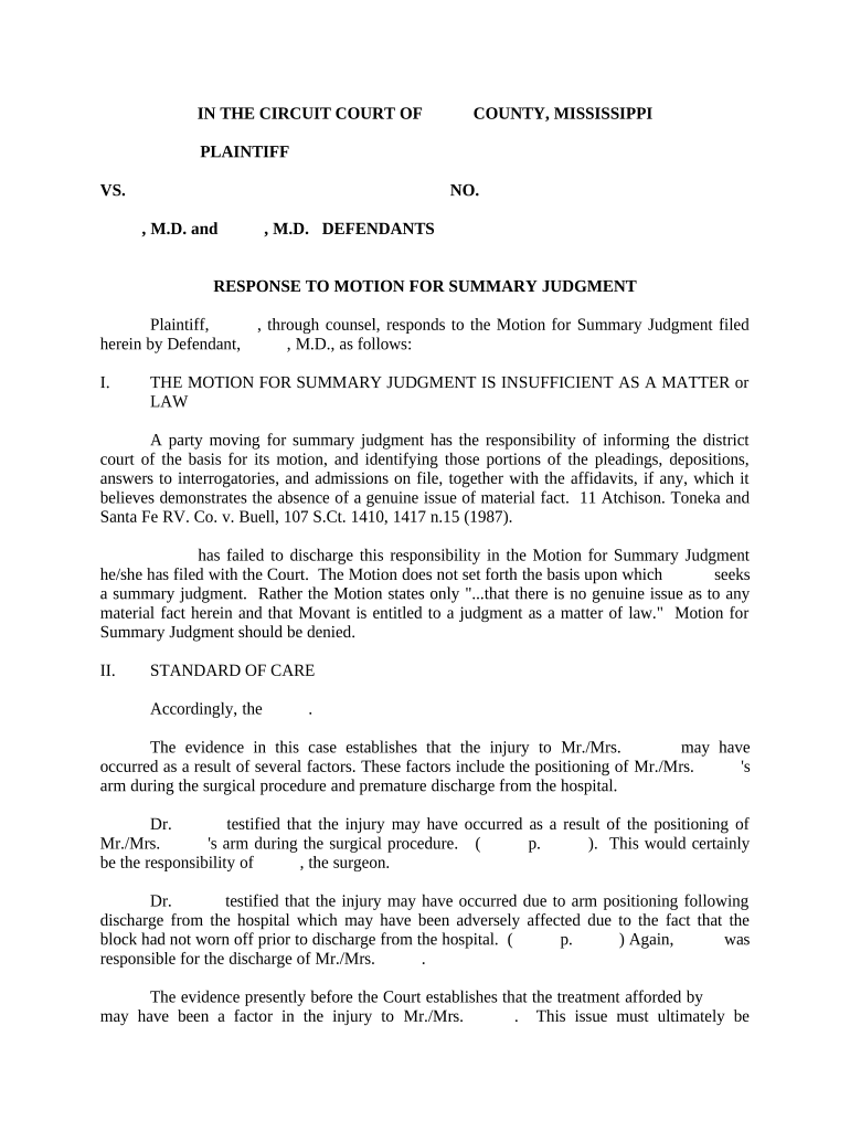 Mississippi Motion Summary Judgment  Form