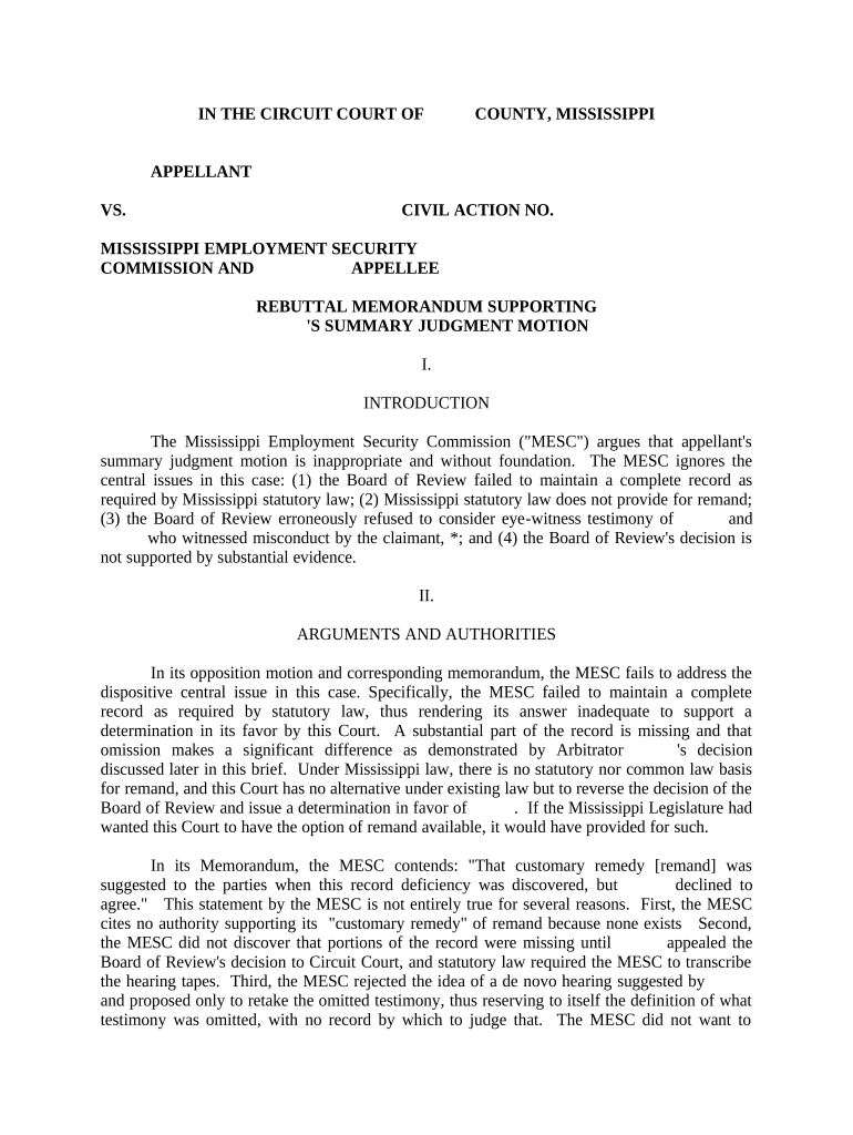 Rebuttal Memorandum Supporting Summary Judgment Motion Mississippi Form 