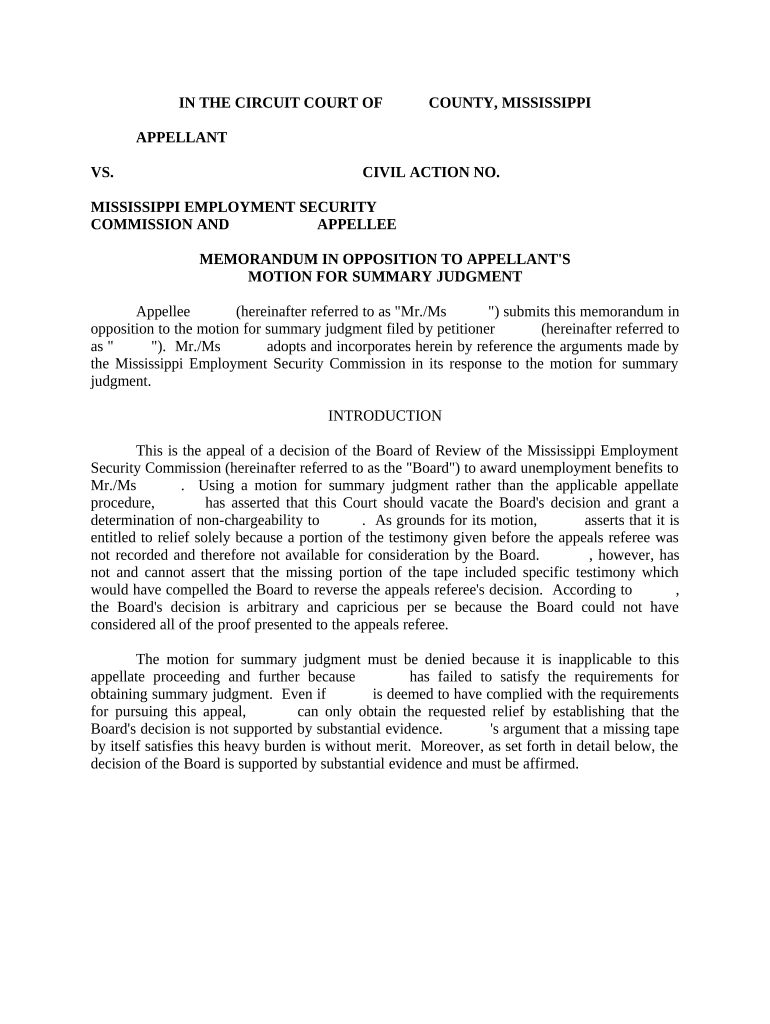 Memorandum in Opposition to Appellant's Motion for Summary Judgment Mississippi  Form