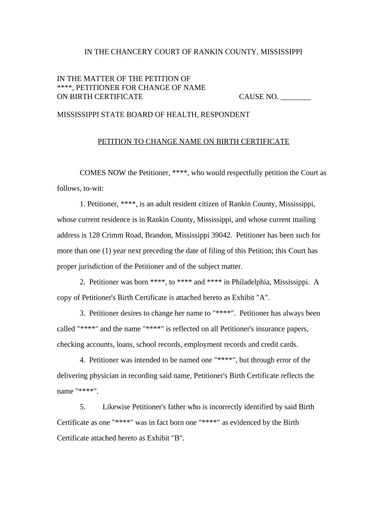 Mississippi Change Name Birth Certificate  Form