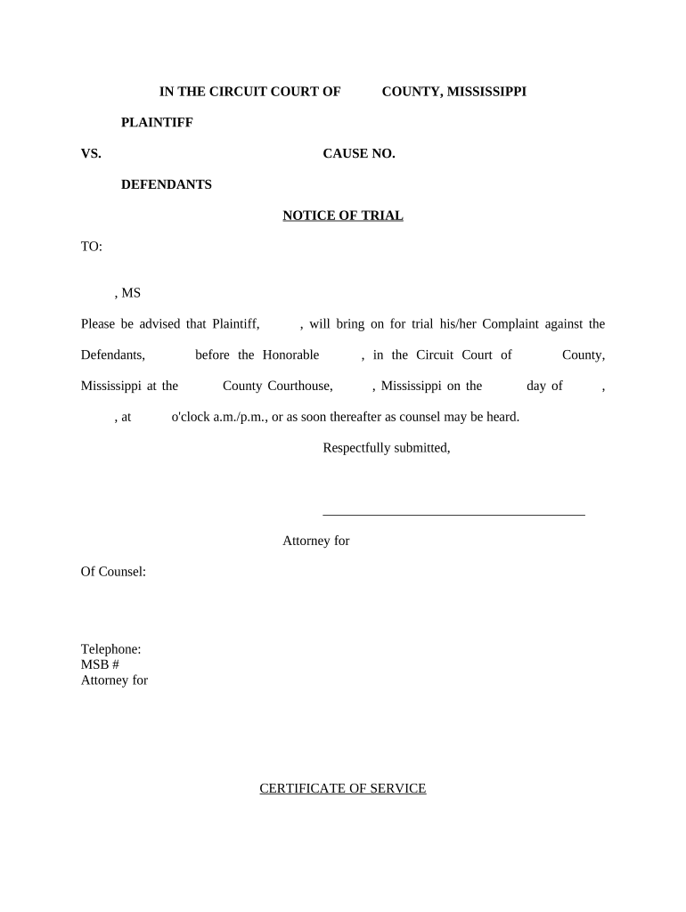 Notice of Trial Mississippi  Form