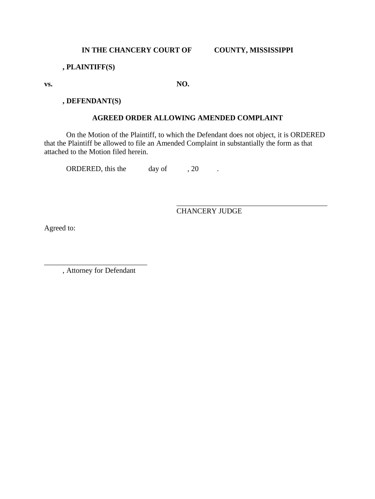 Agreed Order Allowing Amended Complaint Mississippi  Form