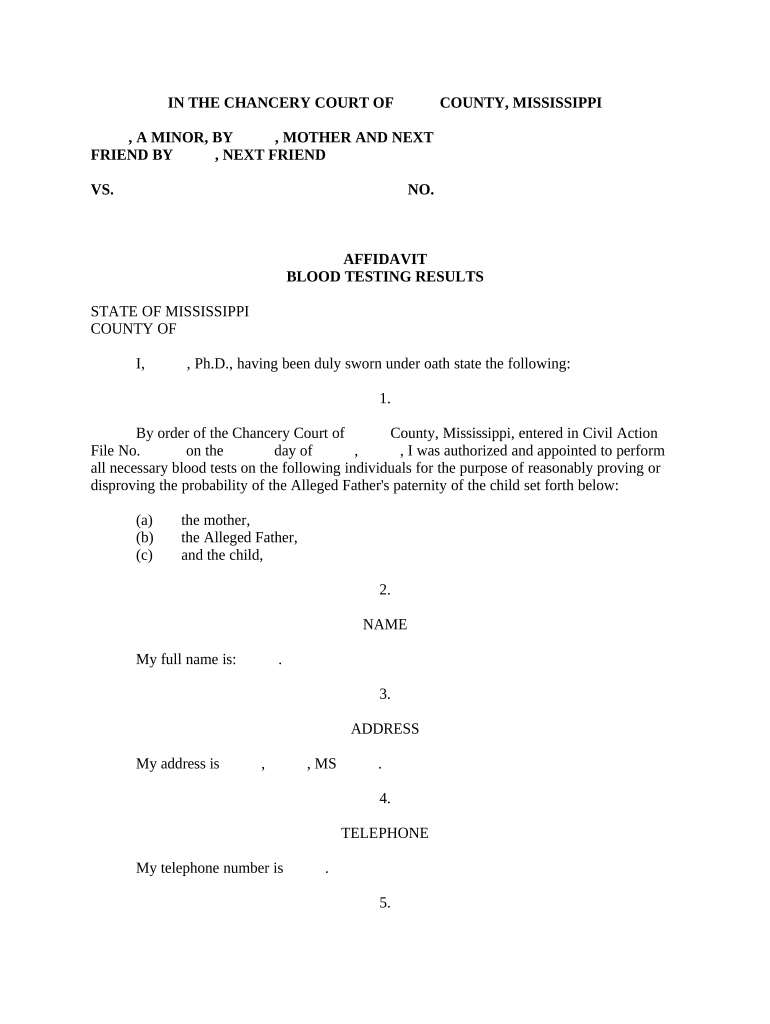 Affidavit of Blood Testing Results Mississippi  Form