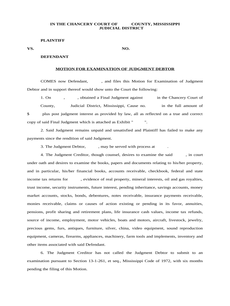 Motion to Examine Judgment Debtor Mississippi  Form