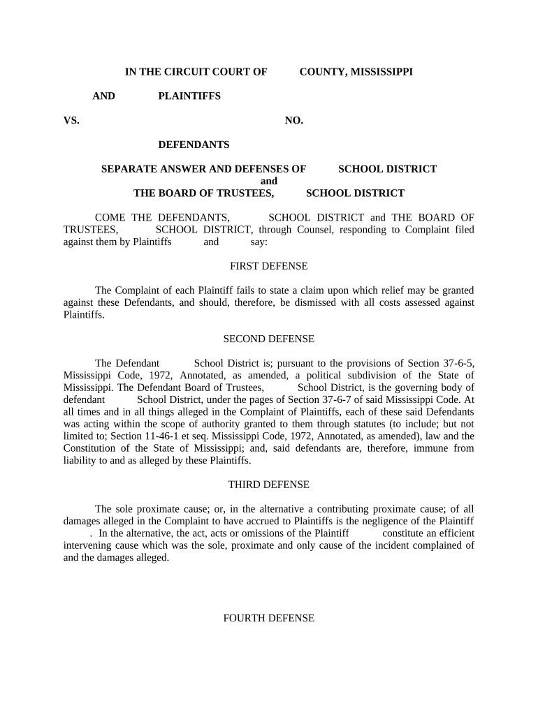 Separate Answer and Defenses of School District Mississippi  Form