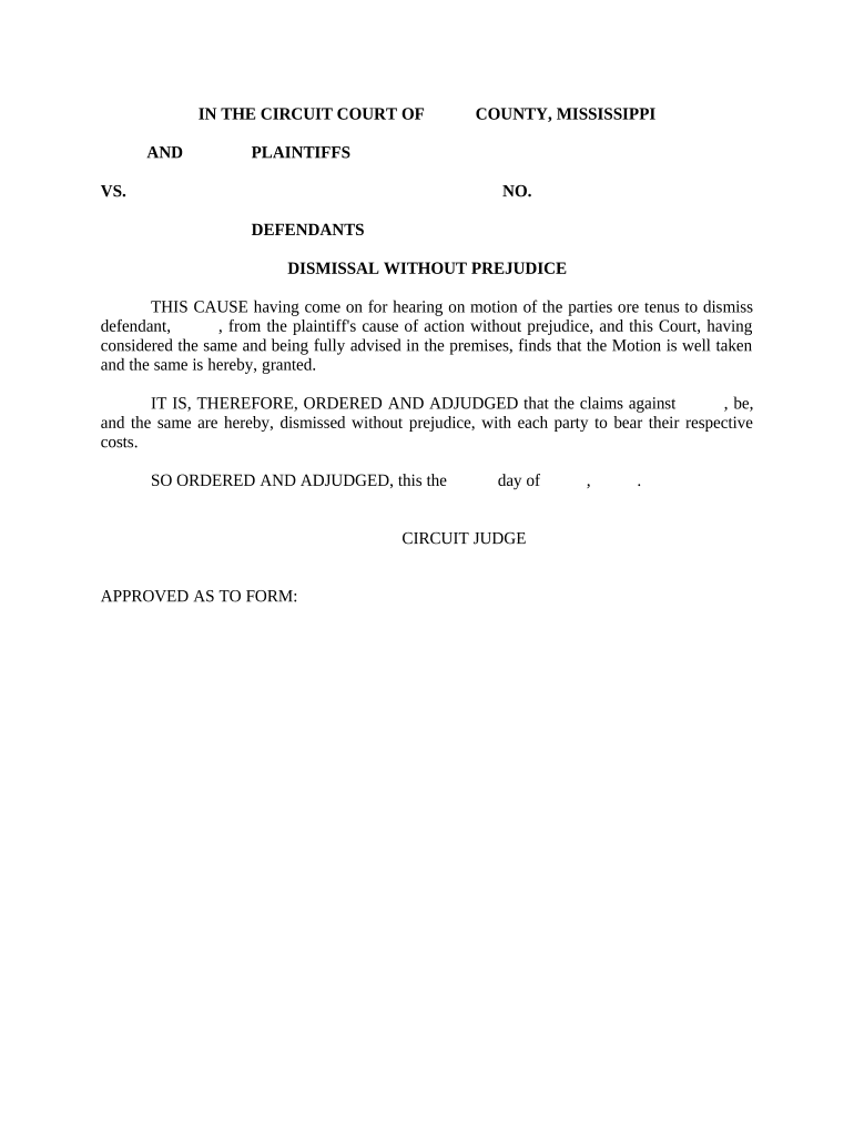 Order Dismissing One Defendant Mississippi  Form