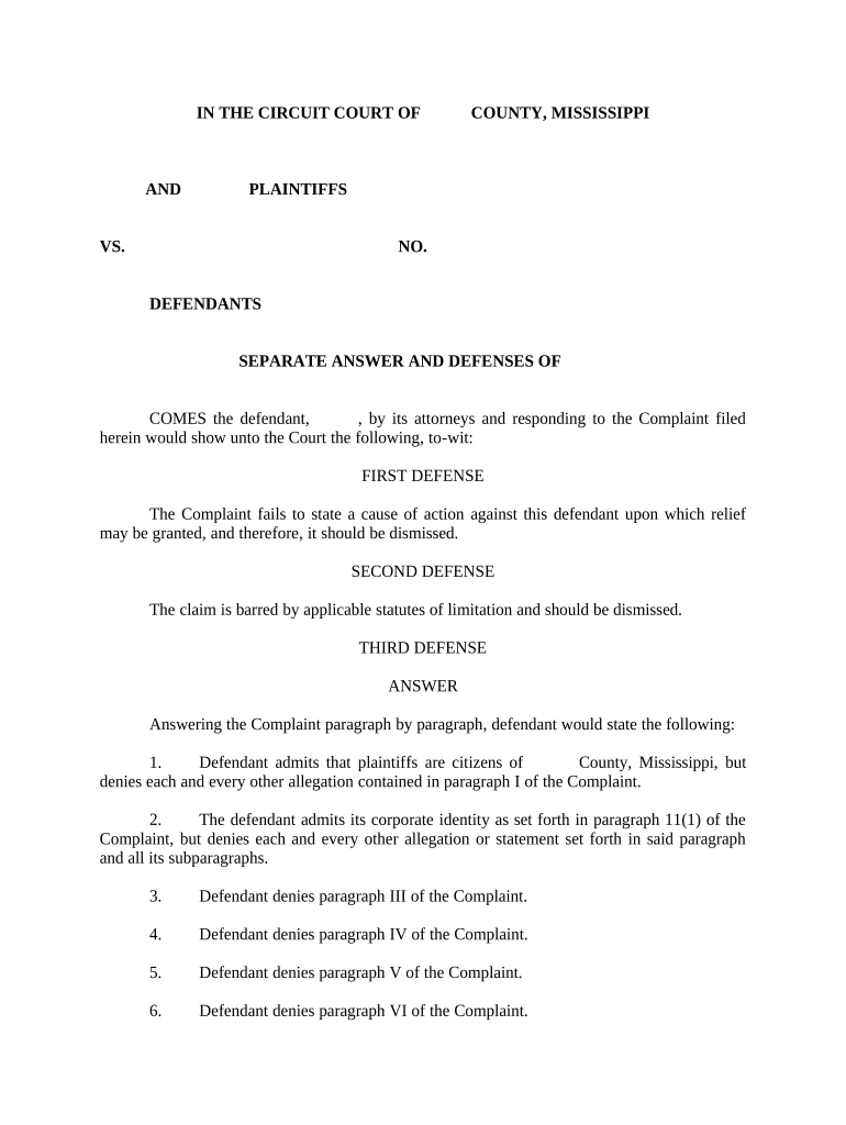 Separate Answer and Defenses Mississippi  Form