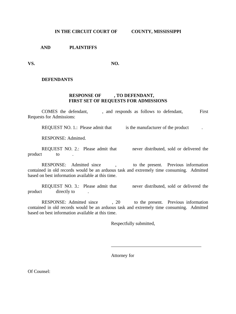 Defendant's Response to Request for Admissions Mississippi  Form