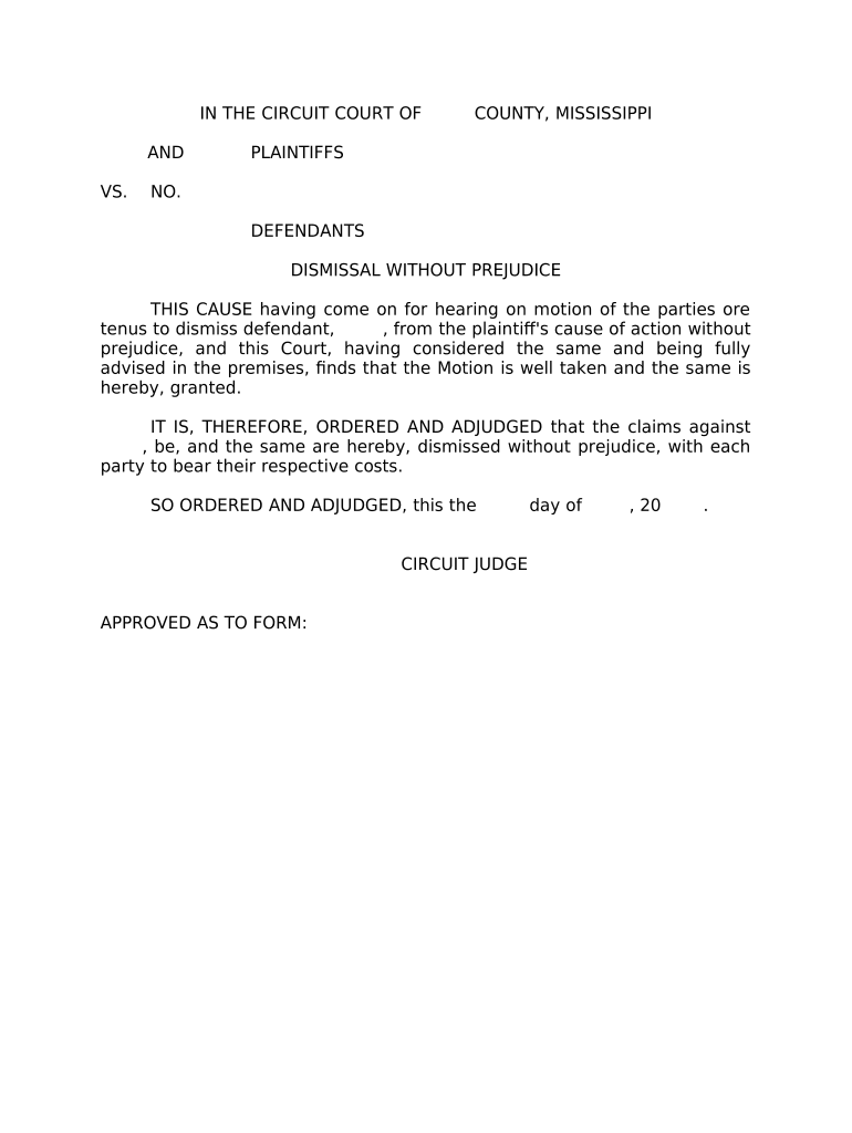 Order Dismissing One Defendant Mississippi  Form