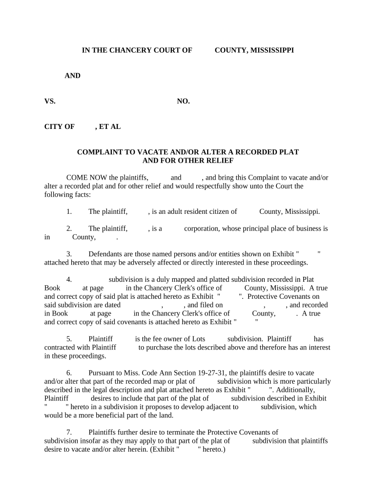 Complaint to Vacate and or Alter a Recorded Plat and for Other Relief Mississippi  Form
