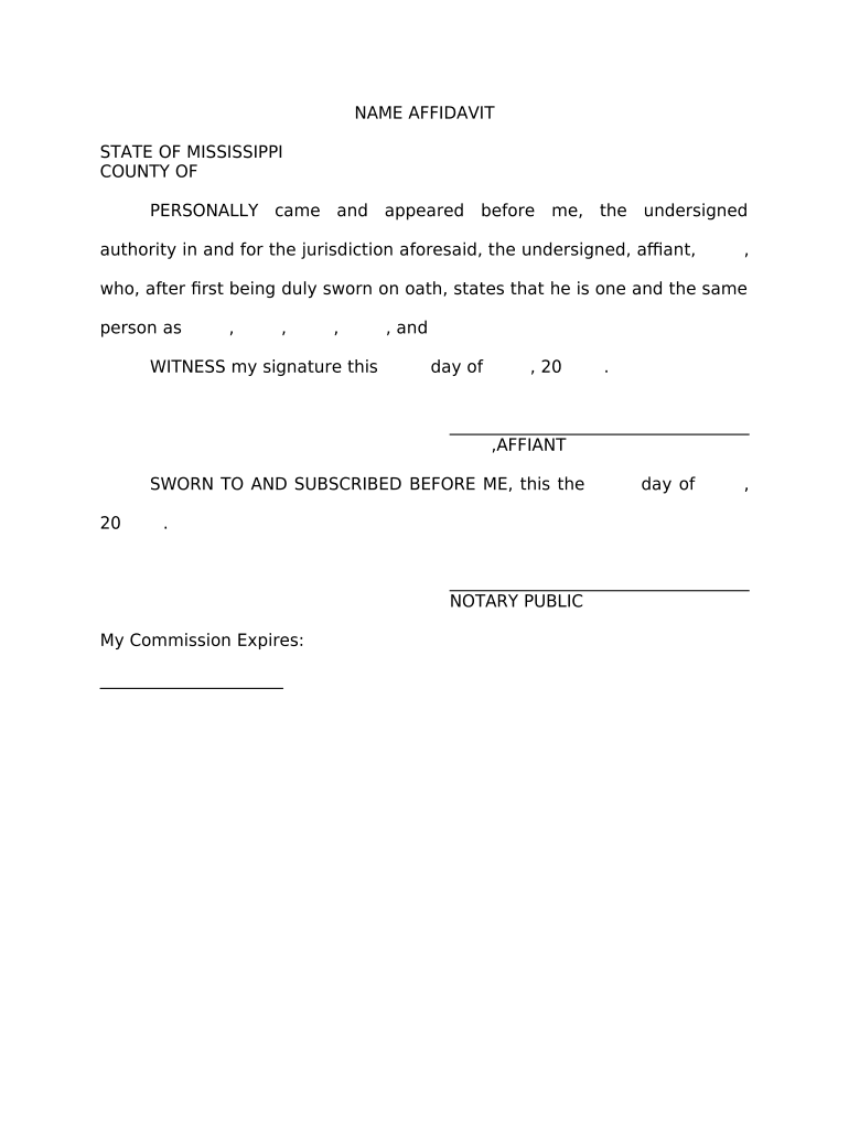 Name Affidavit for Persons with Multiple Aliases Mississippi  Form