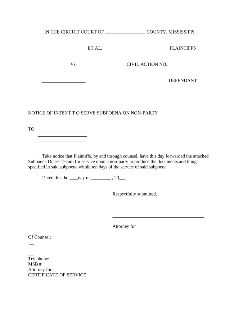 Mississippi Subpoena  Form