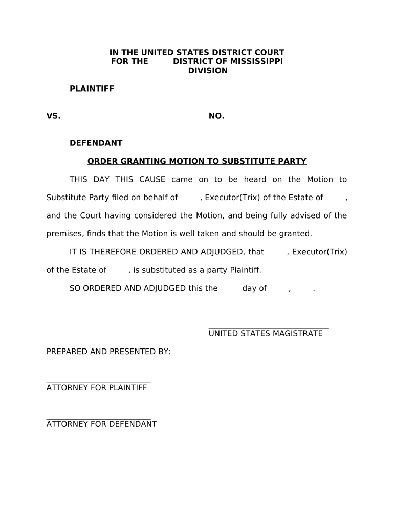 Order Granting Motion to Substitute Party Mississippi  Form