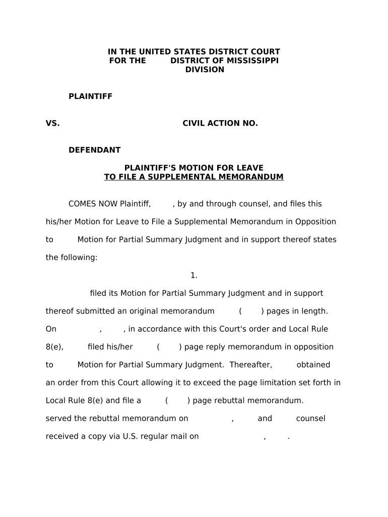 Motion for Leave to File a Supplemental Memorandum Mississippi  Form