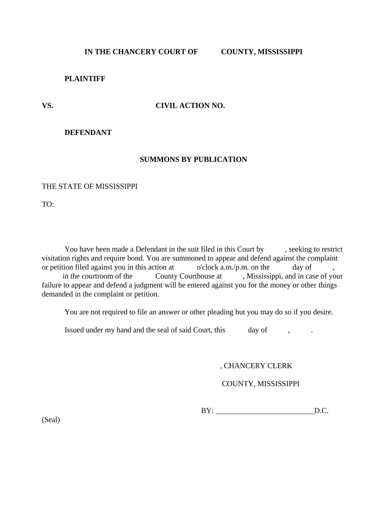 Summons by Publication to Appear Response Not Required Mississippi  Form