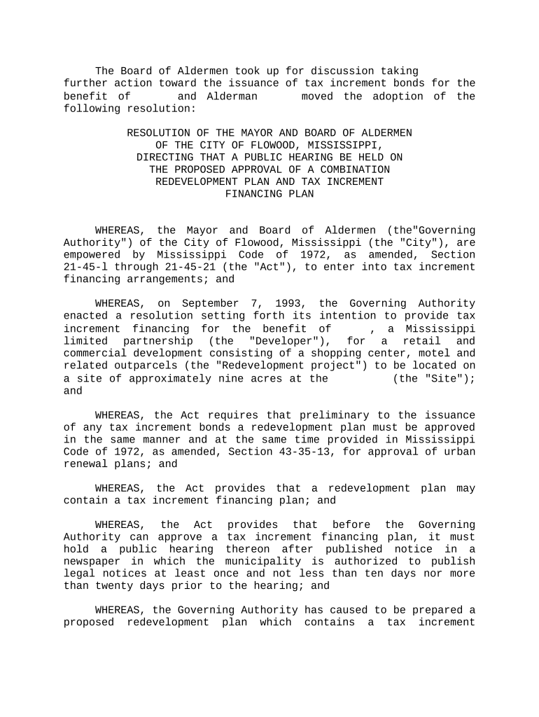 Resolution Directing Hearing on Proposed Approval of Combination Redevelopment Plan and Tax Increment Financing Plan Mississippi  Form