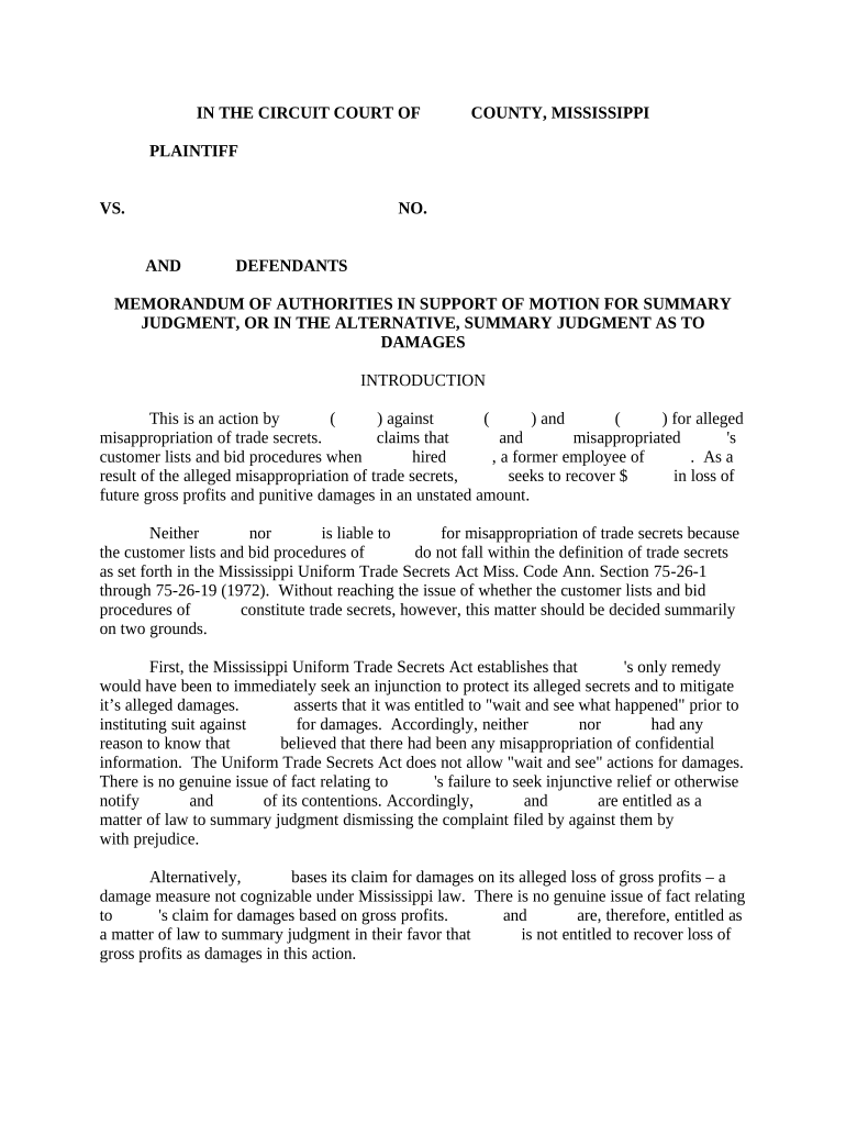 Mississippi Motion Summary Judgment  Form