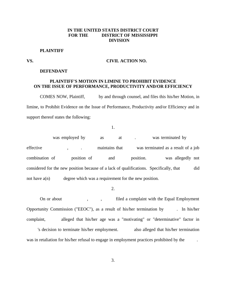 Motion in Limine to Prohibit Evidence on the Issue of Performance, Productivity and or Efficiency Mississippi