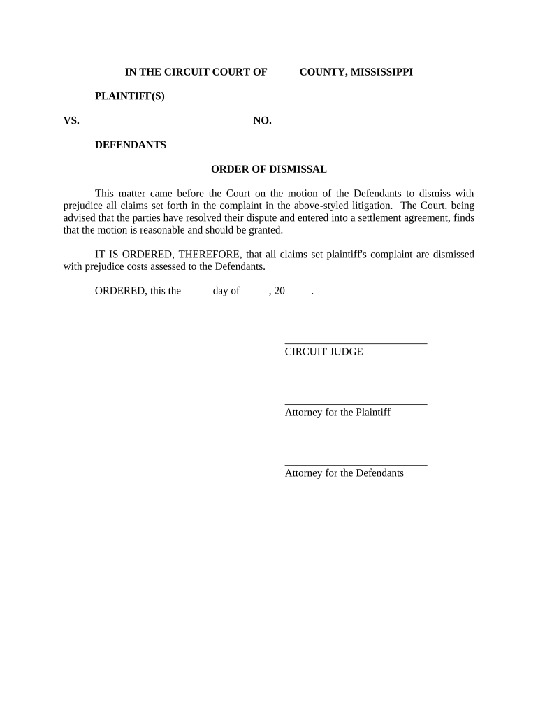 Order of Dismissal Mississippi  Form