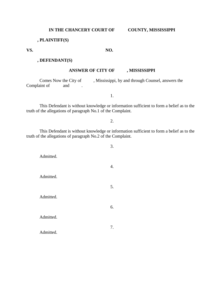 Answer of City of Pearl, Mississippi Mississippi Form