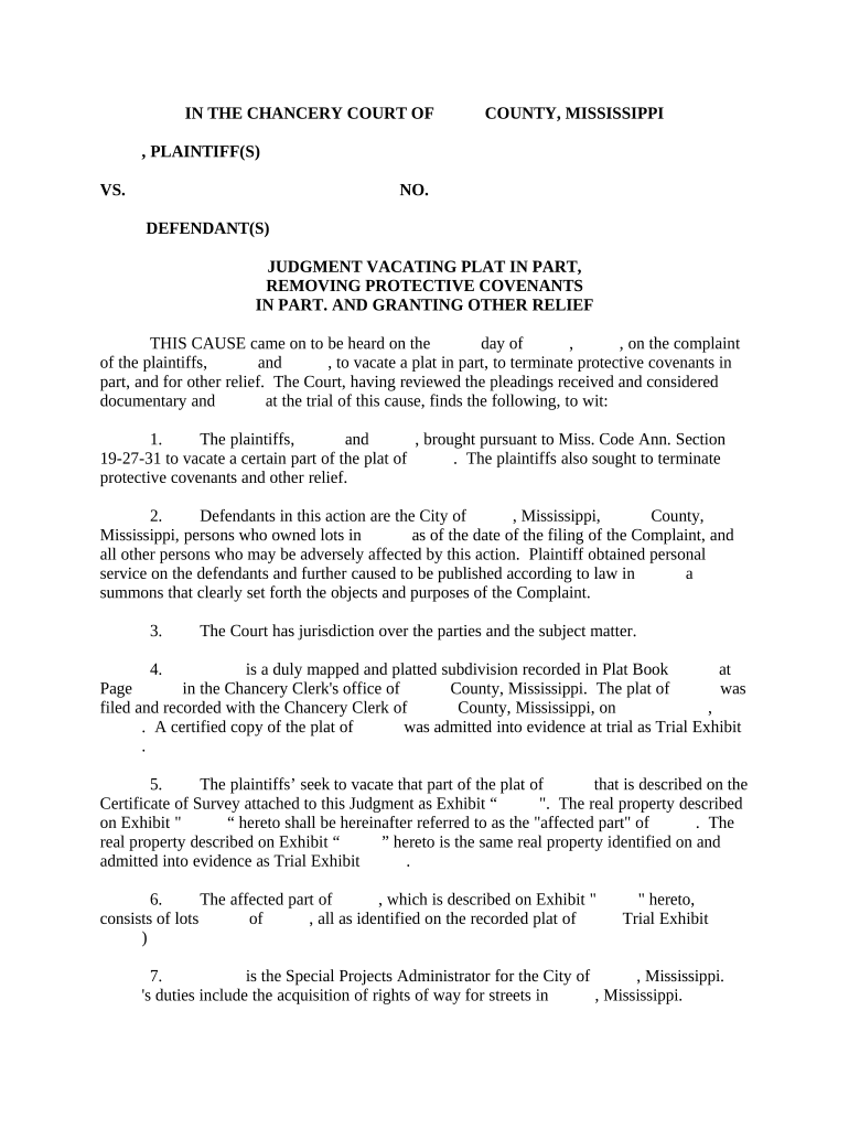 Judgment Vacating Plat in Part, Removing Protective Covenants in Part, and Granting Other Relief Mississippi  Form