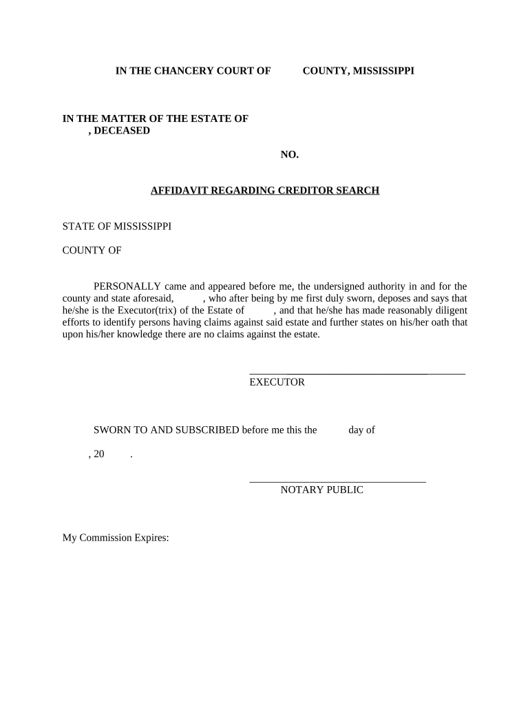 Affidavit Regarding Creditor Search Mississippi  Form