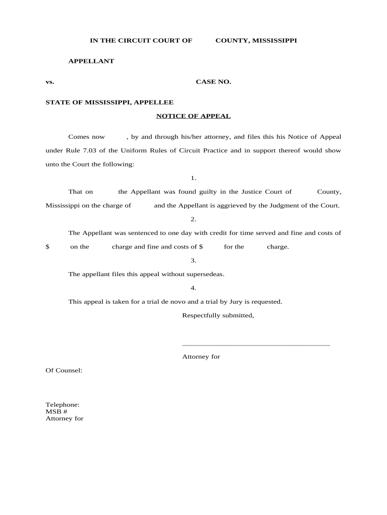 Mississippi Notice Appeal Form