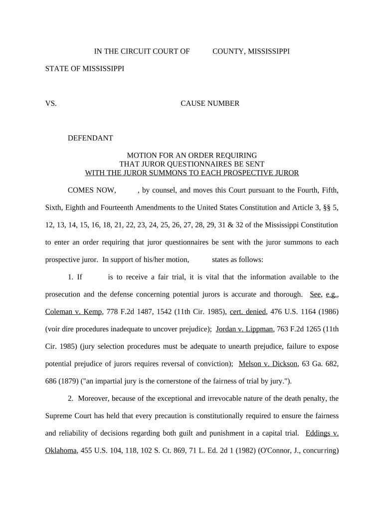 Motion for an Order Requiring that Juror Questionnaires Be Sent with the Juror Summons to Each Prospective Juror Mississippi  Form