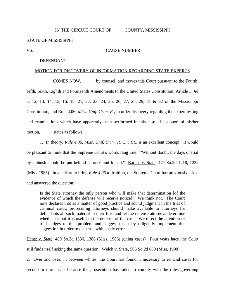 Motion for Discovery of Information Regarding State Experts Mississippi