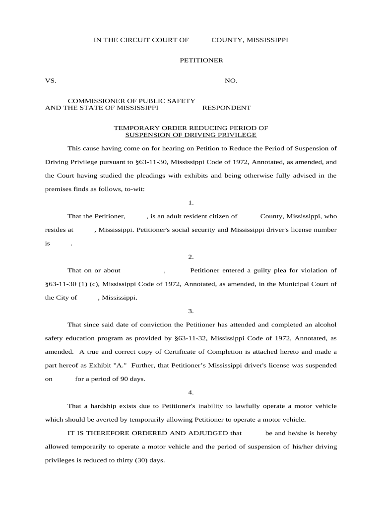 Temporary Order Reducing Period of Suspension of Driving Privilege Mississippi  Form