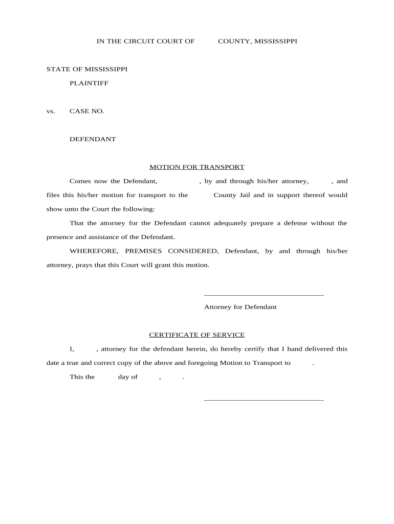 Motion for Transport Mississippi  Form