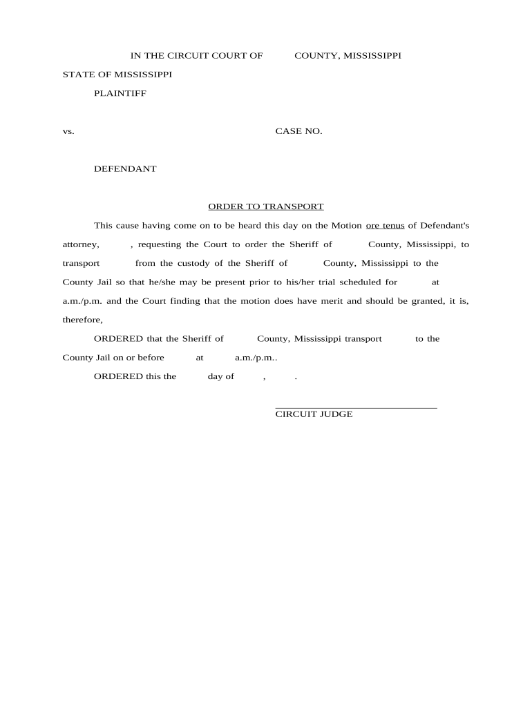 Order to Transport Mississippi  Form